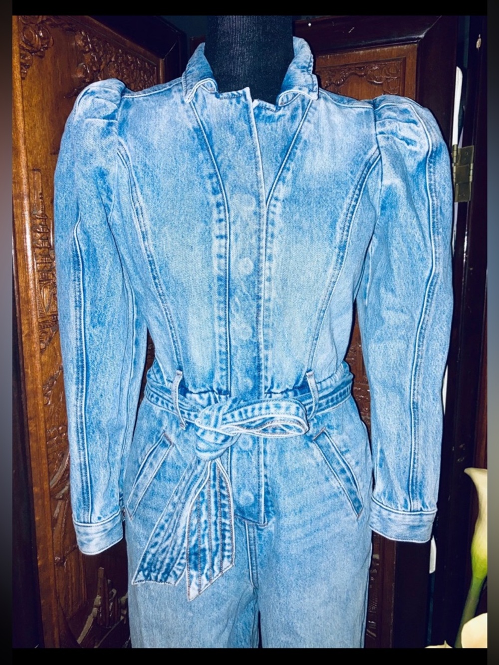 EXPRESS Y2K Retro Medium Wash Denim Jumpsuit with Tie Belt - Picture 2 of 11